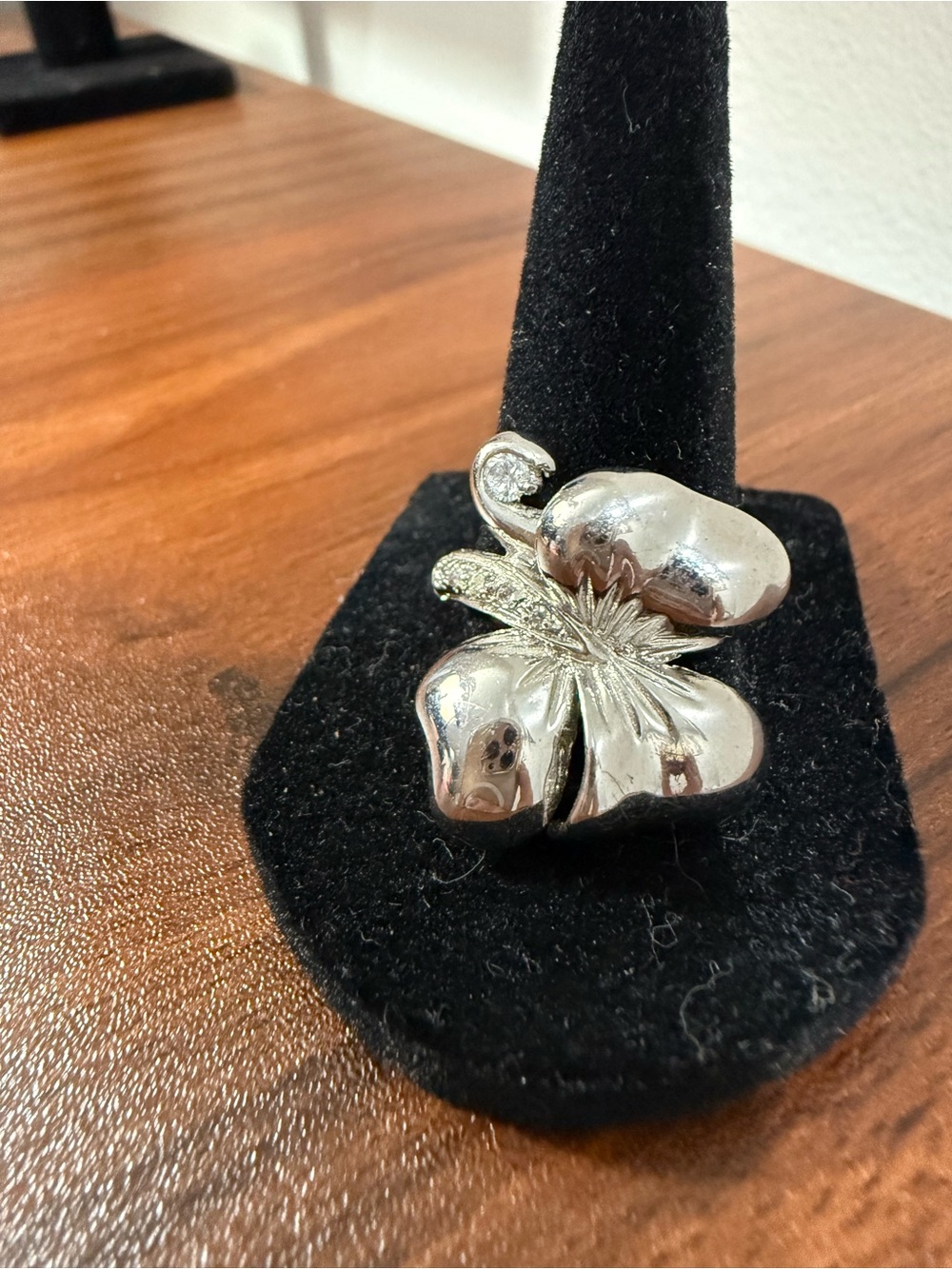 Polished Silver Butterfly Statement Ring with faux diamond accents